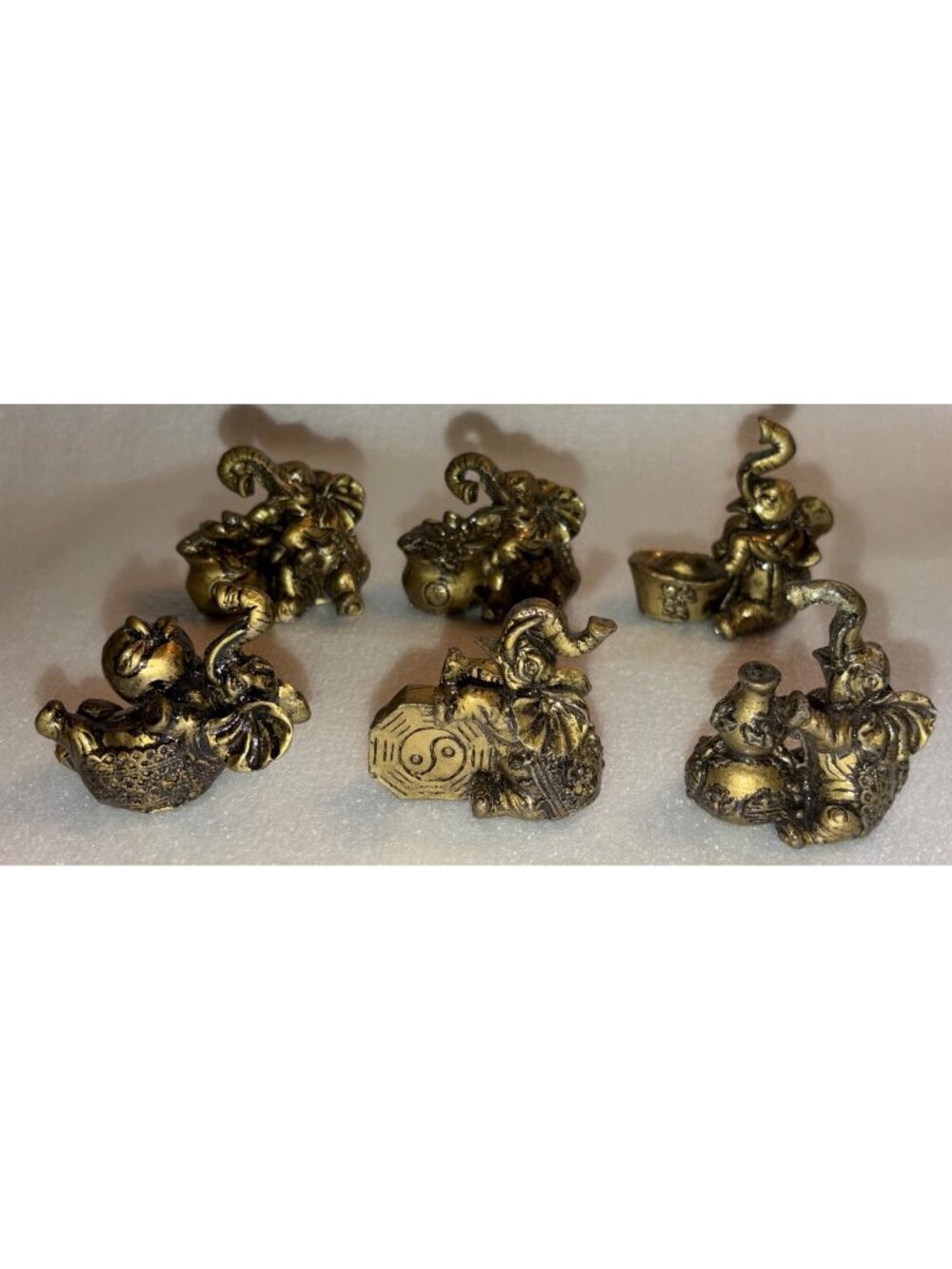 Set Of 6 Feng Shui Elephant Figurines In Bronze Resin Luck Wealth & Prosperity